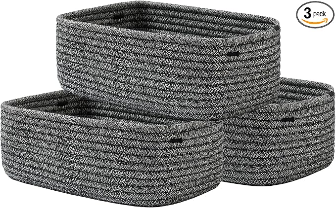 KALLAX Small Woven Basket, 12 x 8 x 4.5 Inches, Storage Basket for Organizing, Cute Small Rope Shelf Closet Cube Storage Bins Baskets for Shelves, Dog Toy Gift Baskets Empty, 3 Pack Mixed Black-Ruum Studio Home