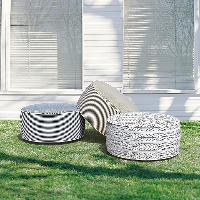 LVTXIII Outdoor/Indoor Inflatable Ottoman, Patio Footrest Stool, Portable Round Ottoman for Patio Garden, Camping or Home, Herringbone Black White-Ruum Studio Home