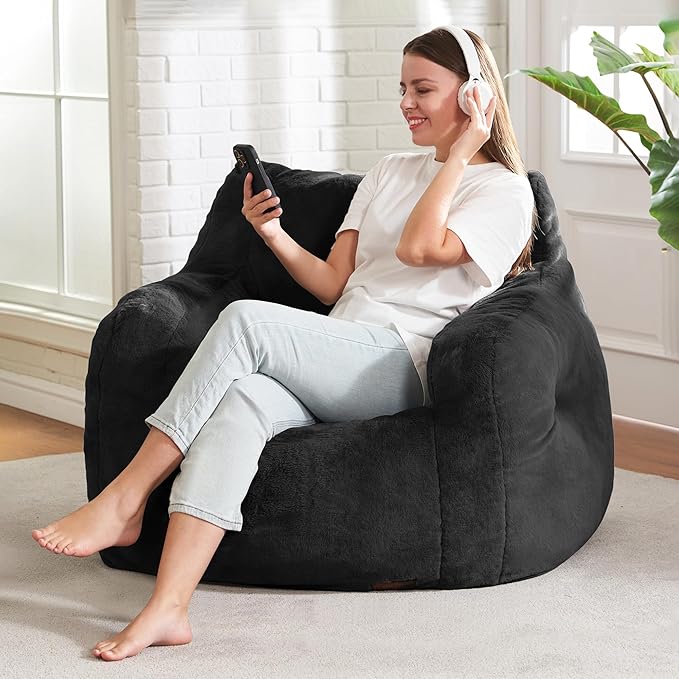 Hobestluk Bean Bag Chair for Adult Small Bean Bag Chairs with Arms Furry Beanbag Chair with Foam Filler Stuffed Bean Bag Sofa for Reading in Bedroom Living Room and Dorms (Black)-Ruum Studio Home