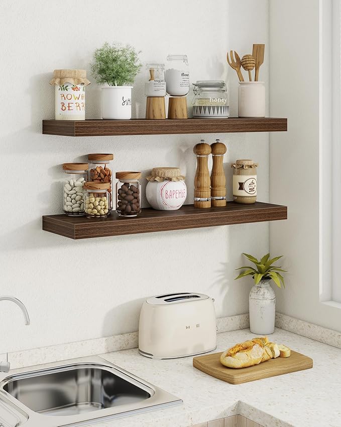 Marsmiles 24" Floating Shelves for Wall, Wooden Shelves with Invisible Brackets Set of 2, Rustic Farmhouse Wall Mounted Shelf for Kitchen Bathroom Living Room Study, Walnut-Ruum Studio Home