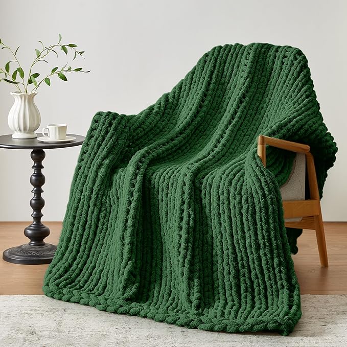 Chunky Knit Throw Blanket, 60''*80'' Knitted Throw Chenille Yarn for Bed Couch, Handmade Grass Green Crochet Big Thick Blanket, Machine Washable Cute Comfy Blanket for Home Decor-Ruum Studio Home