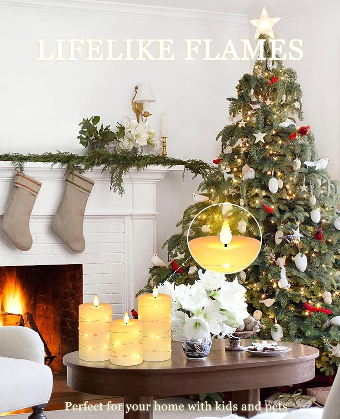 Flameless Candles With Remote, Battery Operated Candles LED Candles with string lights Flickering Candles with Timer, 4‘’ 5‘’ 6‘’ Candle For Seasonal and Festival Celebration’s Candles set of 3-Ruum Studio Home