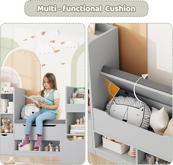 FOTOSOK 72” Kids Bookshelf with Reading Nook, Large Toy Storage Organizer with Seat Cushion and 3 Movable Drawers, Kids Reading Nook Toy Organizers and Storage with Bench for Living Room, Grey-Ruum Studio Home