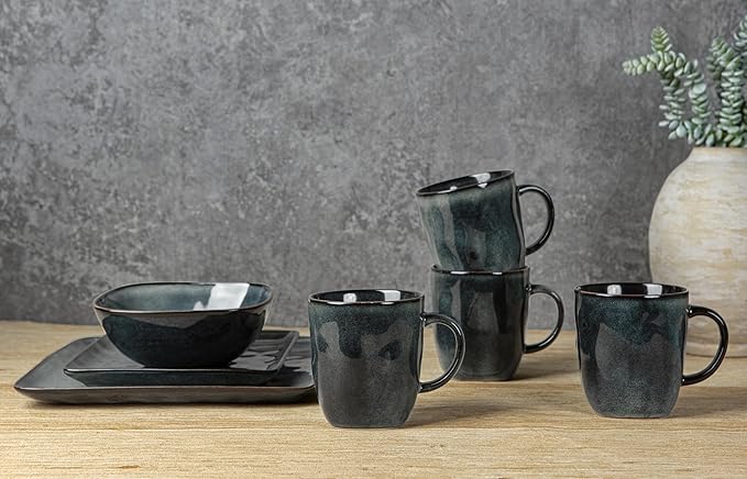 famiware Coffee Mugs Set of 4, Ocean Square 13oz Coffee Cup Set with Handle for Cocoa, Milk, Hot Chocolate, Stoneware Cups for Kitchen, Reactive Glaze, Microwave and Dishwasher Safe, Deep Forest-Ruum Studio Home