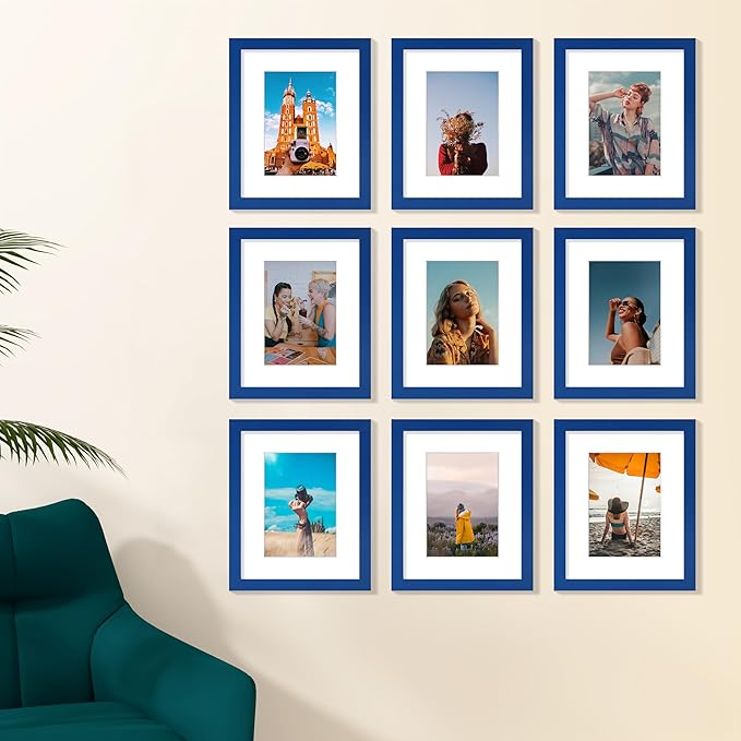 Vittanly 8x10 Picture Frame Set of 9 - Display 5x7 Photos with Mat or 8x10 Without Mat, Wall Mount & Tabletop Frames for Home Decor, Horizontal or Vertical (Blue)-Ruum Studio Home