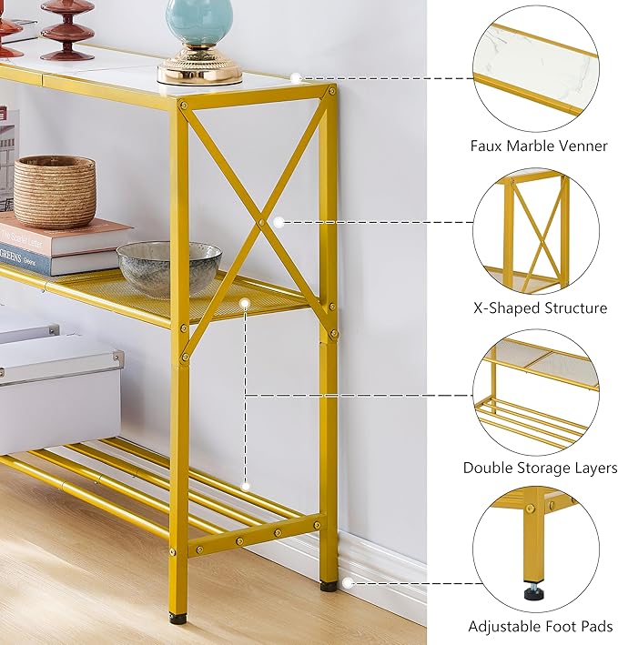 Hoctieon Gold Console Table, 3 Tier Entryway Table, Hallway Table, Narrow Sofa Table with Shelves, Entrance Table for Entryway, Gold and White-Ruum Studio Home