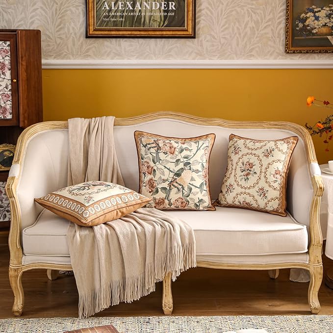 patdrea Designer Vintage Floral Throw Pillow Covers for Couch Set of 4,Brown Yellow Linen Pillowcases with Bird and Rose Pattern Decorative Cushion Cover for Bedroom Living Room Outdoor Car Cafe-Ruum Studio Home