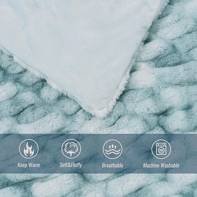 Ultra Soft Luxury Faux Fur Twin Blanket for Counch,Fuzzy Fluffy Plush Warm Cozy Elegant Wrinkled Blanket for Sofa Bedroom Living Room,（60"x80",Tie-dye Freshwater Blue）-Ruum Studio Home