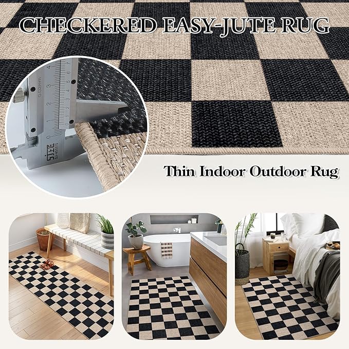 Lahome Checkered Easy Jute Carpet, 3x5 Outdoor Patio Rug Washable Rugs for Entryway Checkerboard Indoor Outdoor Living Room Classroom Carpet, Farmhouse Neutral Non Slip Black Door Mat for Bedroom-Ruum Studio Home
