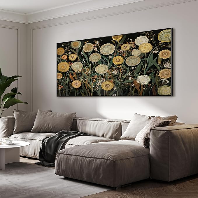 SIGNWIN 36"x72" Extra Large Framed Wall Art Whimsical Dandelion Field in Yellow and Green, Playful Botanical Print for Home Living Room Bedroom Decor (Frame Assembly Required)-Ruum Studio Home