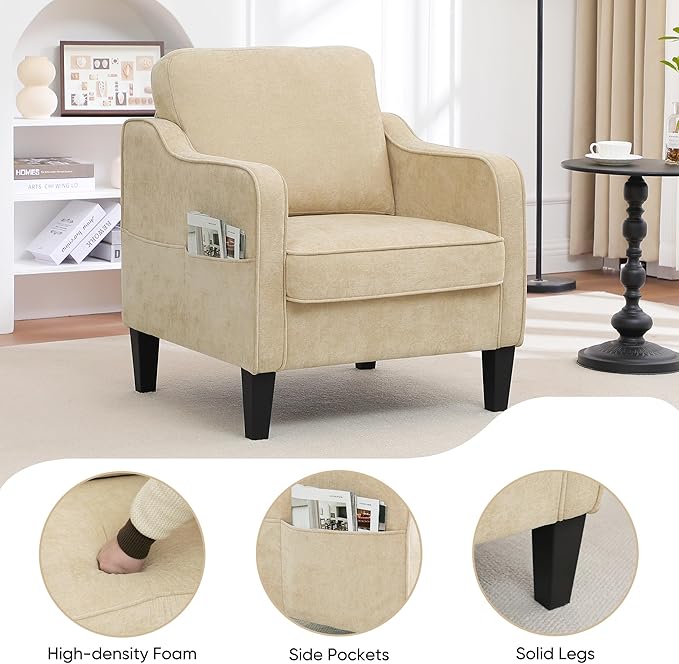 Accent Chairs Set of 2, Upholstered Living Room Chair with Side Pockets, Mid Century Modern Reading Chair for Bedroom, Comfy Armchair Single Sofa Side Chair for Office, Small Room, Light Brown-Ruum Studio Home