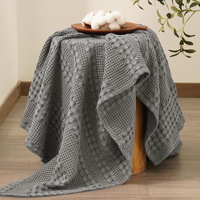 PHF 100% Cotton Waffle Weave Throw Blanket, Soft Lightweight Breathable Cozy Summer Throws for Couch Bed Sofa, Luxury Aesthetic Woven Blanket for Home Decor & Office, 50"x60", Dark Grey-Ruum Studio Home