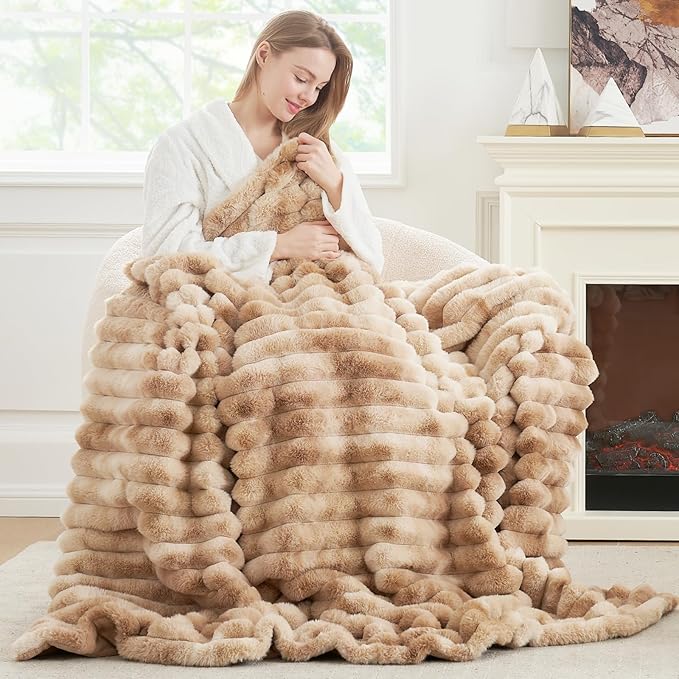 Cozy Bliss Faux Fur Throw Blanket for Couch, Cozy Warm Plush Striped Blanket for Sofa Bedroom Living Room, 50 * 60 Inches Tie-dye Kahki-Ruum Studio Home