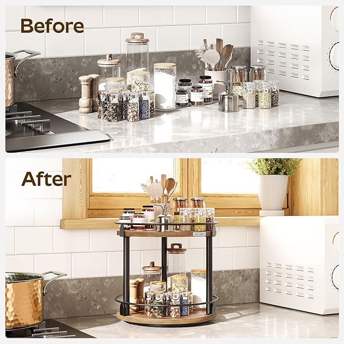 Lazy Susan Organizer, Rotating Spice Rack, 2 Tier Spice Turntable Organizer, Industrial Turntable Spice Holder, for Kitchen Countertop and Cabinet, Compact and Versatile, Rustic Brown SR22BR-Ruum Studio Home