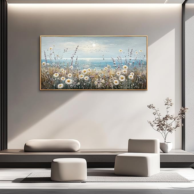 PHAOHUAXM Wall Decor For Living Room Wall Art For Bedroom Office Decorations Blue Ocean Paintings Flowers Watercolour Wall Pictures Canvas Artworks Home Decor Ready To Hang Wood Framed 20x40 In-Ruum Studio Home