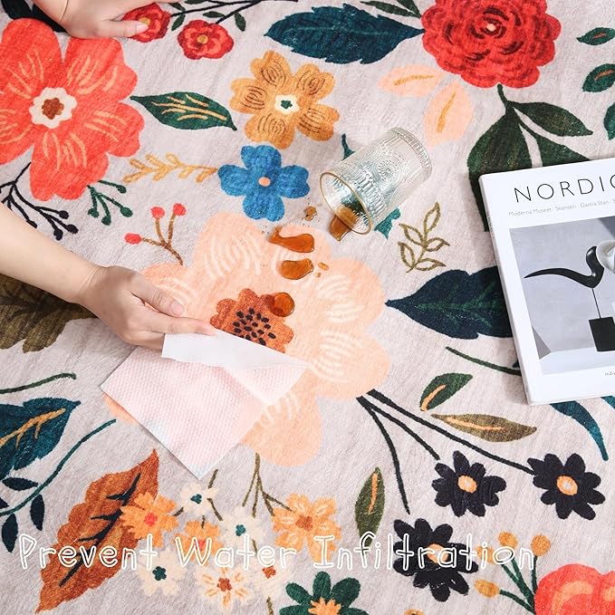 Bedroom Rug 3x5 Rug Washable Area Rug Non Slip Low Pile Boho Floral Small Carpet for Bedroom, Bedside, Kitchen, Entryway, Kids Room, Office, College Dorm Essentials for Girls(Beige)-Ruum Studio Home