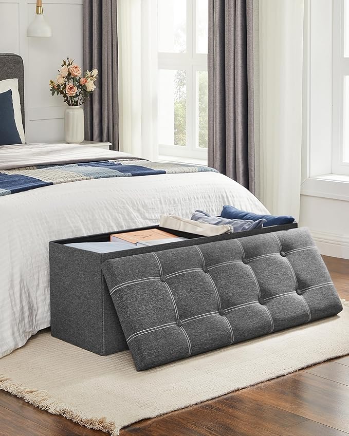 SONGMICS Mazie Collection - 43 Inches Ottoman Storage Bench, 35 Gal. Folding Chest with Breathable Linen-Look Fabric, Load up to 660 lb, for Entryway, Living Room, Bedroom, Dark Gray ULSF077G04-Ruum Studio Home