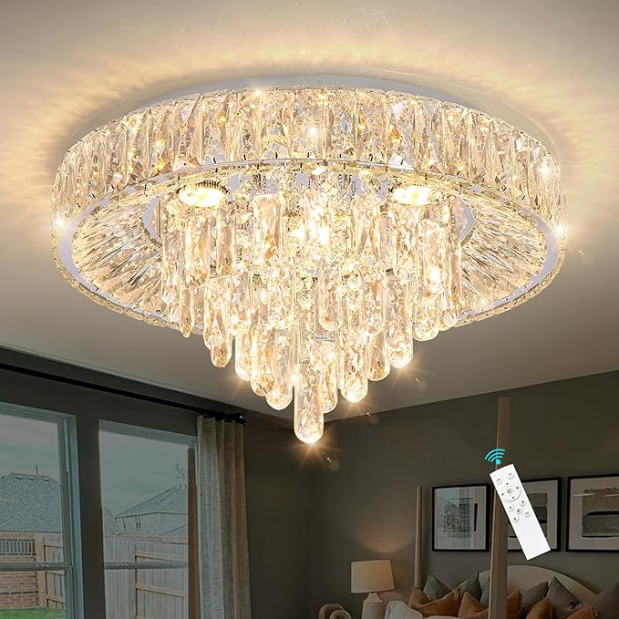 Modern Crystal Chandeliers for Dining Room LED Light Fixture Close to Ceiling Chandelier Flush Mount Ceiling Light Dimmable Lamp with Remote for Living Room Bedroom Hallway 2700K 6000K-Ruum Studio Home