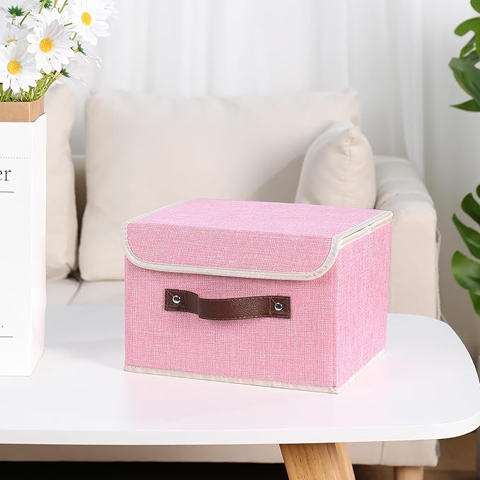 ANMINY 4PCS Storage Bins with Lid PU Leather Handles Storage Boxes PP Plastic Board Decorative Foldable Lidded Cotton Linen Fabric Home Cubes Baskets Closet Organizer Containers - Pink, Small Size-Ruum Studio Home