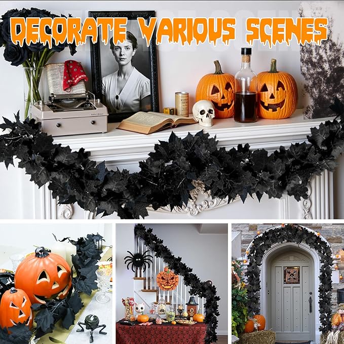 Joyhalo 6 Pack 5.7FT Black Maple Leaf Garland,Halloween Artificial Hanging Black Vines,Halloween Outdoor Garland for Mantle,Door Frame,Fireplace and Thanksgiving Decor-Ruum Studio Home