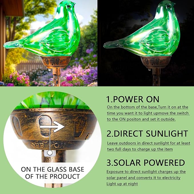 Decorative Solar Lights Outdoor Solar Bird Stake Lights Hand Blown Glass Decorative Garden Pathway Lights Outdoor Waterproof Glass Stakes (Green)-Ruum Studio Home