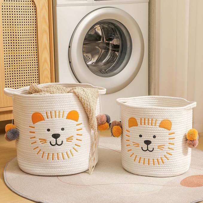Large Blanket Baskets for Living Room Decor, Toy Storage Baskets Woven Cotton Rope Animal Storage Basket for Kids, Dog Toys Organizer Clothes Hamper with Embroidery Decor for Nursery (Large, Lion)-Ruum Studio Home