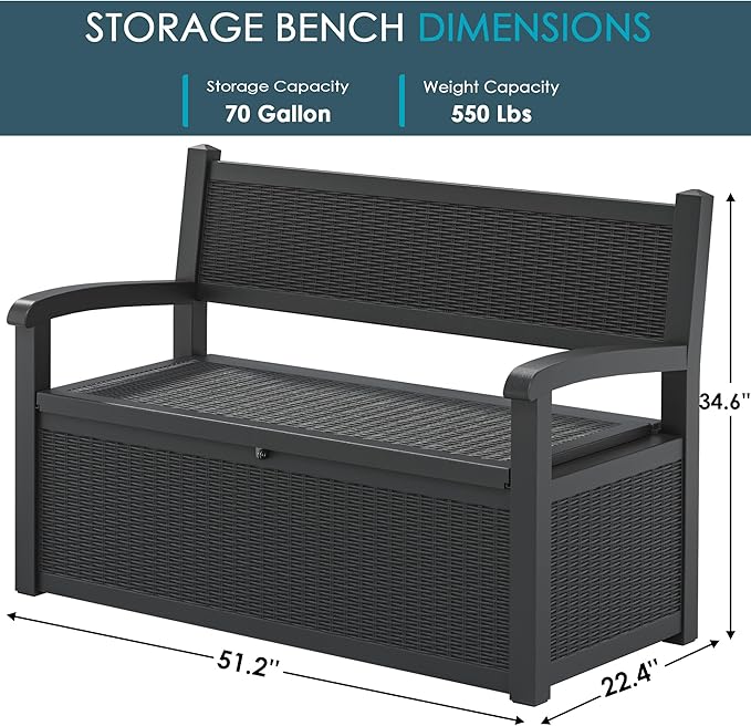 70 Gallon Storage Bench Deck Box for Patio Furniture with Armrest Bench Outdoor Storage-Ruum Studio Home