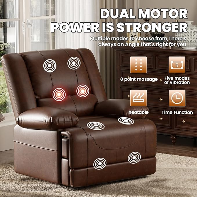 Large Dual Motor Power Lift Recliner Chair with Massage and Heat for Elderly People, Infinite Position,USB Ports and Remote Control,Breathable Leather (Red Brown)-Ruum Studio Home