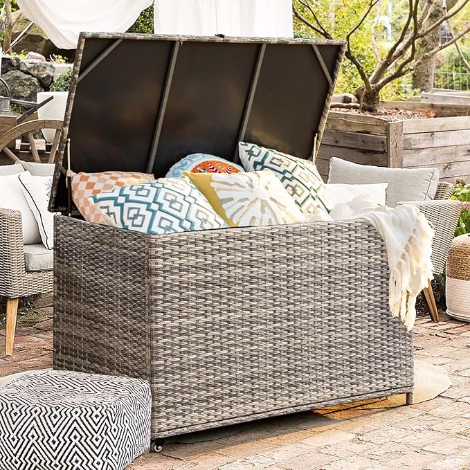 178 Gallon Outdoor Storage Box, Patio Deck Box with 2 Wheels, Handle Large Portable Wicker Rattan Deck Box for Patio Furniture Cushions, Throw Pillows, Garden Tools and Pool Floats (Gray)-Ruum Studio Home