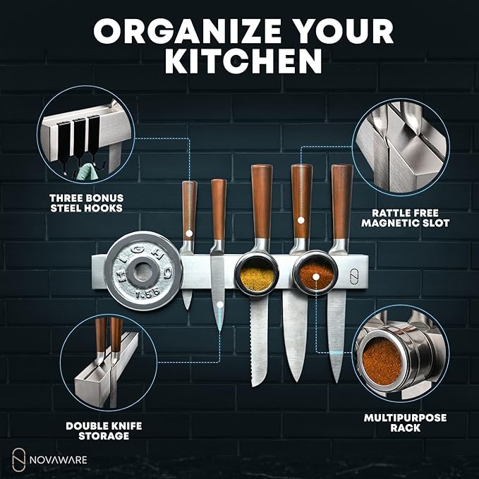 24" Magnetic Knife Holder for Wall with 2x Storage - Safe, Patented Storage Design - Stainless Steel Knife Magnetic Strip, Under Cabinet Knives Storage - Magnet Strip Rack Kitchen Utensil Organizer-Ruum Studio Home