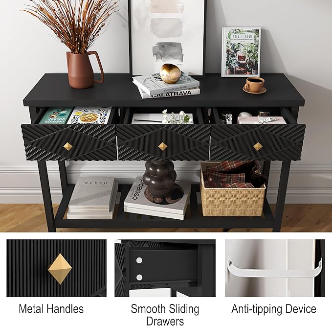 47" Console Table with 3 Drawers, Fluted Narrow Long Entryway Table with Storage Shelf, Accent Table for Entryway, Living Room, Behind Couch, Foyer, Hallway, Office-Ruum Studio Home