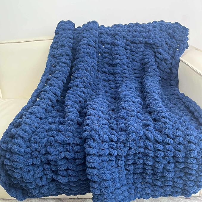 Chunky Knit Blanket Throw 40"x40", Chenille Throw Blankets, Handmade Warm & Cozy Blanket Couch Bed Home Decor, Soft Breathable Fleece Banket, Christmas for Couch Bed Sofa Best Gift (Navy Blue)-Ruum Studio Home