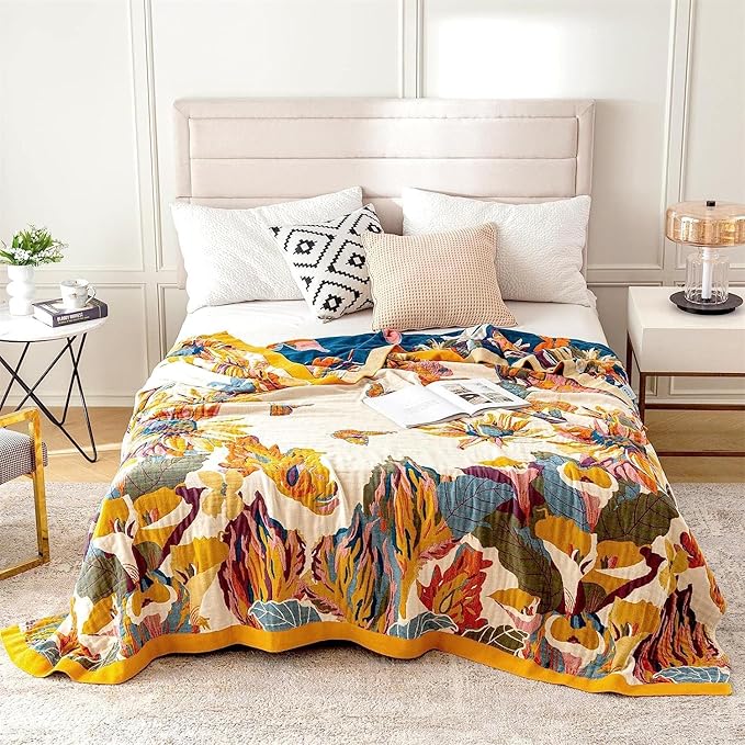 100% Cotton Throw Blanket for Bed Couch Summer 98''x 98'' Super Soft Muslin Blankets Warm Boho Quilt Lightweight Farmhouse Decorative Bed Blankets-Ruum Studio Home