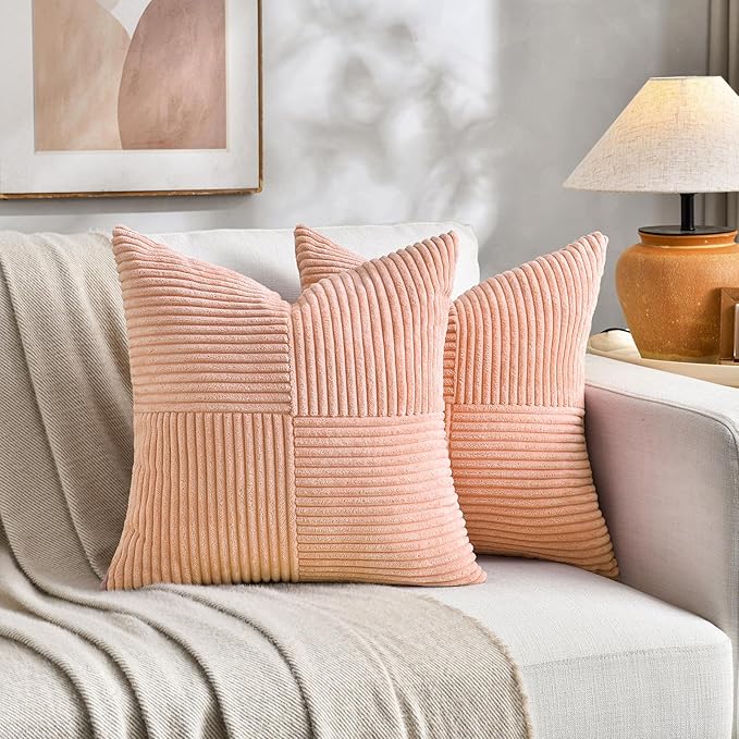 Fancy Homi 2 Packs Peach Decorative Throw Pillow Covers 16x16 Inch for Living Room Couch Bed Sofa, Rustic Farmhouse Boho Home Decor, Soft Corss Patchwork Corduroy Textured Square Cushion Case 40x40 cm-Ruum Studio Home