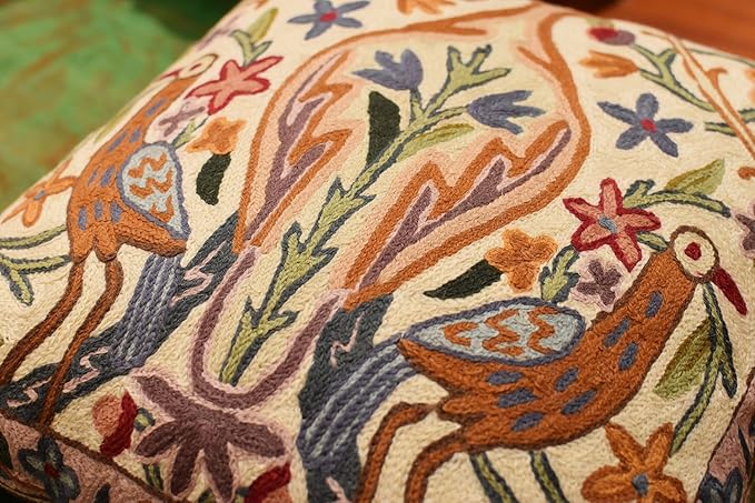 Tree of Life Pillow Cover - Crane Cream Floral Outdoor Pillows | Suzani Cushions | Modern Floral Cushion Hand Embroidered Shams Wool Size - 18x18-Ruum Studio Home