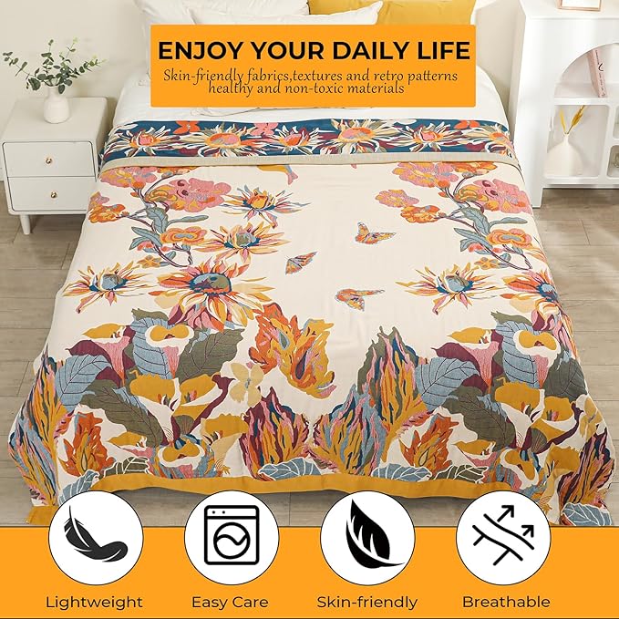 Boho Large Throw Blanket for Bed Couch 60" x 80 "100% Cotton Gauze Fall Blankets Home Decor Soft Lightweight for Sofa Quilt with Floral Butterfly-Ruum Studio Home