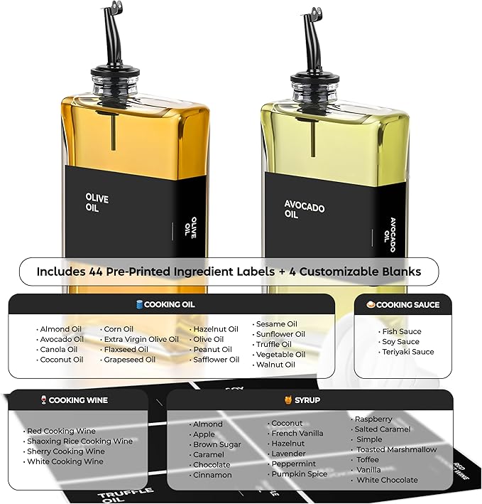 Olive Oil Dispenser Bottle - Includes 44 Kitchen Essential Labels - Cooking Oil Bottles for Kitchen, Coffee Syrup Dispenser - Pourer Spout with 11.8 fl oz Glass Container Cruet - 2pcs, Black-Ruum Studio Home