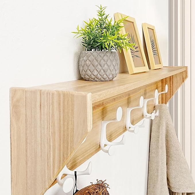 SKOLOO Wall Shelf with Hooks, 24-Inch Coat Rack Wall Mount with Shelf Organizer - Lightweight & Sturdy, 5 Tri Hooks - Perfect for Entryway, Hallway, Living Room, Bedroom, Mudroom, Natural & White-Ruum Studio Home