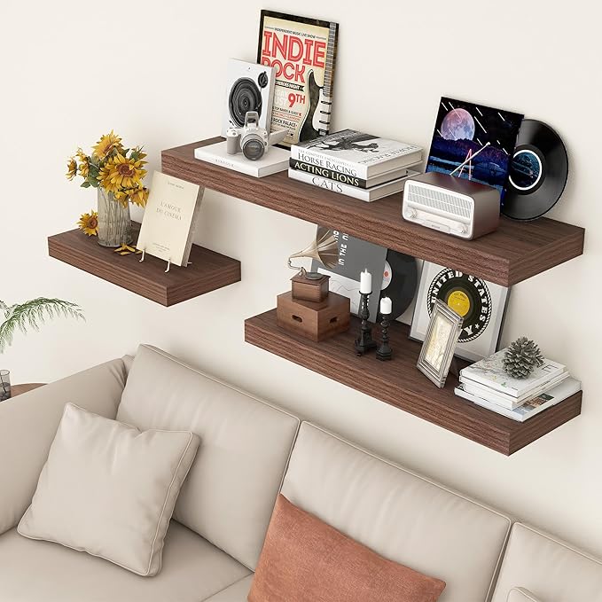 12 Inch Deep Floating Shelves, 48W x 12D Rustic Large Floating Shelves, Deep Walnut Wood Wall Shelves Set of 1 for Living Room Bathroom Laundry Room Bedroom Kitchen Home Office - Walnut-Ruum Studio Home