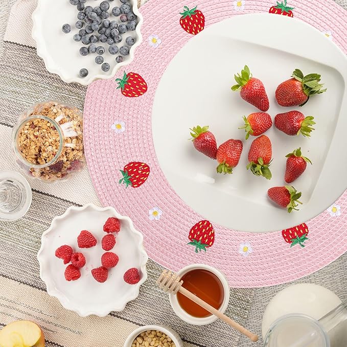 Whaline 4Pcs Round Placemats Daisy Strawberry Embroidered Place Mats Summer Strawberry Dinner Table Mats for Home Wedding Baby Shower Birthday Party Decor-Ruum Studio Home