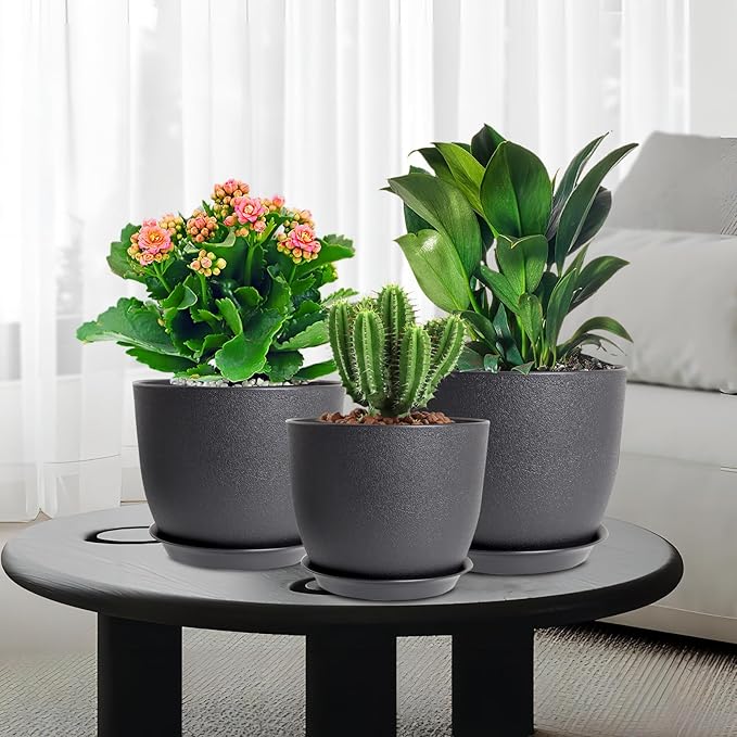 10/9/8 inch Medium Plant Pots, 3 Pack Modern Decorative Plastic Planters with Drainage Holes and Saucers, Flower Pots for Indoor Outdoor Plants, Black-Ruum Studio Home