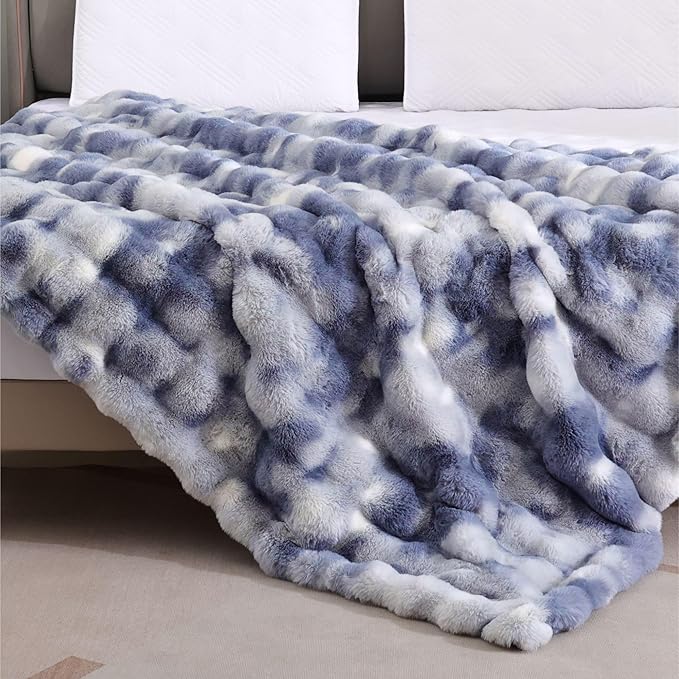 Tie-dye Blue Twin Cozy Faux Fur Blanket for Couch Bed Living Room 60x80 Furry Soft Fluffy Thick Warm Throw Blanket for Winter Home Gifts 860 GSM-Ruum Studio Home