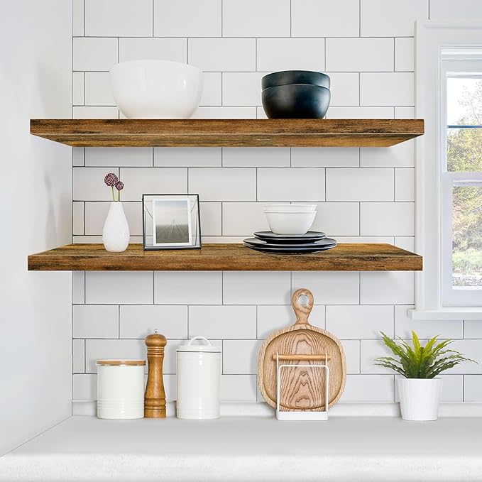 Sorbus Floating Shelves for Wall - 35 Inch Long Bathroom Shelves, Wall Decor for Bedroom, Kitchen, Living Room & Book Storage - Mounted Floating Shelf with Invisible Brackets (Rustic Brown, 2 Pack)-Ruum Studio Home