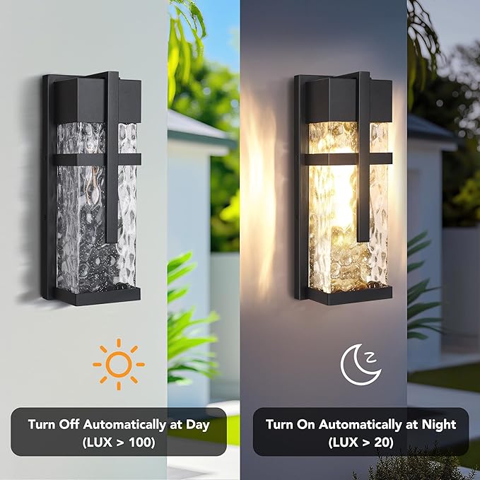 Hammered Glass Outdoor Wall Lantern, Dusk to Dawn Wall Sconce Lighting, 2 Pack Outdoor Light Fixtures, Exterior Porch Light with Waterproof, Modern Wall Lamp for Garage, Doorway, Patio(Bulb Included)-Ruum Studio Home