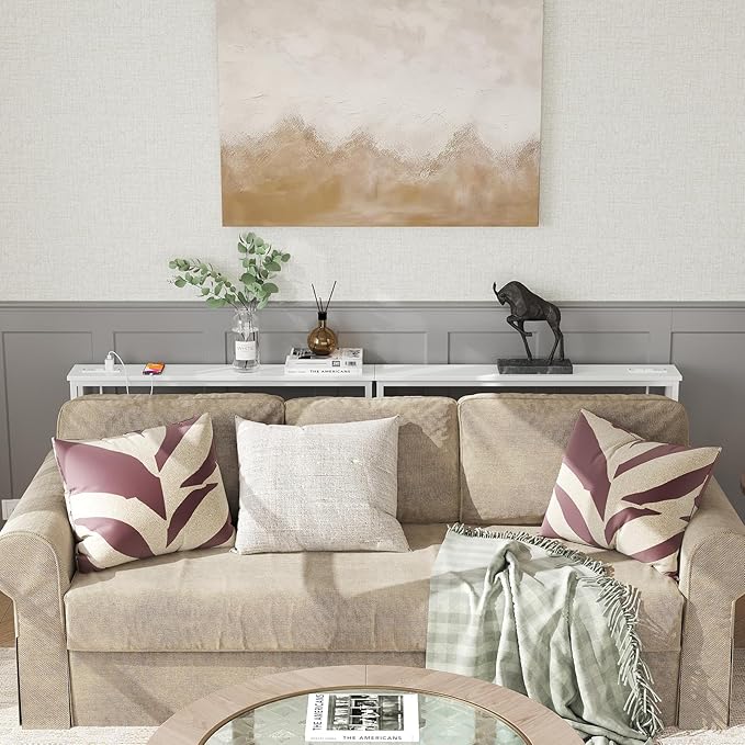 ELYKEN 2 Pack 5.9" Narrow Console Sofa Table with Power Outlets, 5.9" Dx39.4 Wx31.1 H Long Couch Table with Metal Frame and Charge Station with 6.5’ Extension Cord, White-Ruum Studio Home