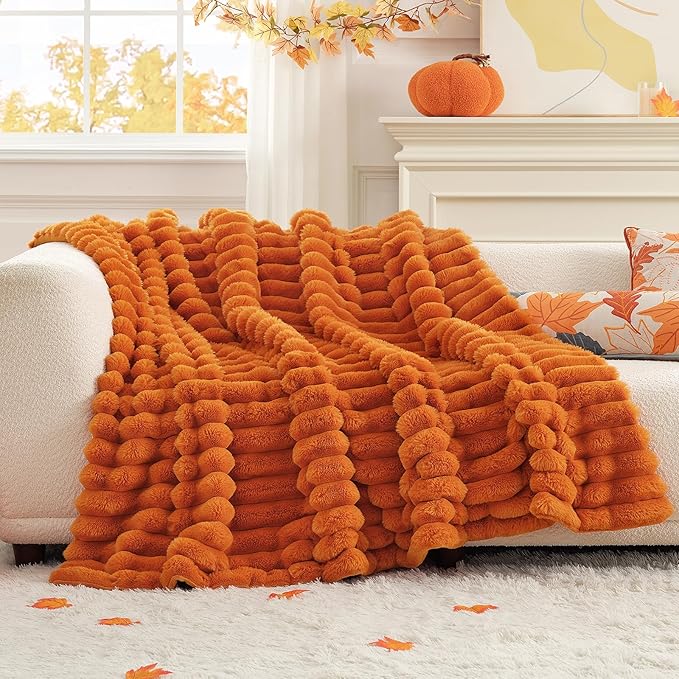 Cozy Bliss Fall Harvest Faux Fur Throw Blanket for Couch, Cozy Warm Plush Striped Blanket for for Decorating Couch Sofa Bedroom Living Room,60 * 80 Inches Burnt Orange-Ruum Studio Home