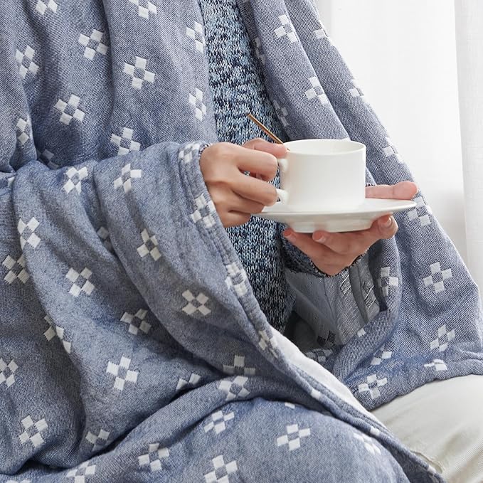 jinchan Boho 100% Cotton Blanket Muslin 50x60 Inches Lightweight 3-Layer Geometric Cross Pattern Reversible Quilt Throw Soft Breathable Comfy All Seasons for Couch Bed Decor, Blue-Ruum Studio Home