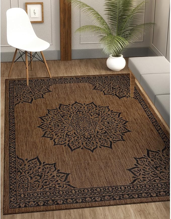 CAMILSON Outdoor Rug, 5x7 Medallion Nut Brown Black Modern Area Rugs for Indoor and Outdoor Patios, Kitchen and Hallway Mats, Washable Porch Deck Outside Carpet (Medallion Nut Brown Black, 5 x 7)-Ruum Studio Home