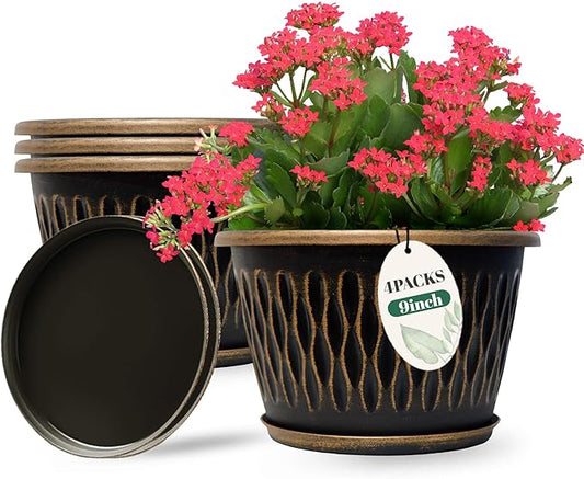 4 Pack 9 Inch Retro Plant Pots, Vintage Striped Flower Pots with Drainage Hole & Saucer, Large Plastic Planters for Indoor and Outdoor Plants, Decorative Garden Pots(Gold)-Ruum Studio Home
