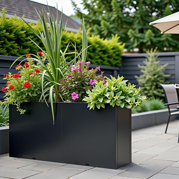 KOL Galvanized Steel Planter Box, with Insert Tray Drainage Holes, Rectangular Black Powder Coated Metal Planter, Outdoor Use, Heavy Duty Modern Flower Pot (Black, 36" H x 11" W x 32" L)-Ruum Studio Home